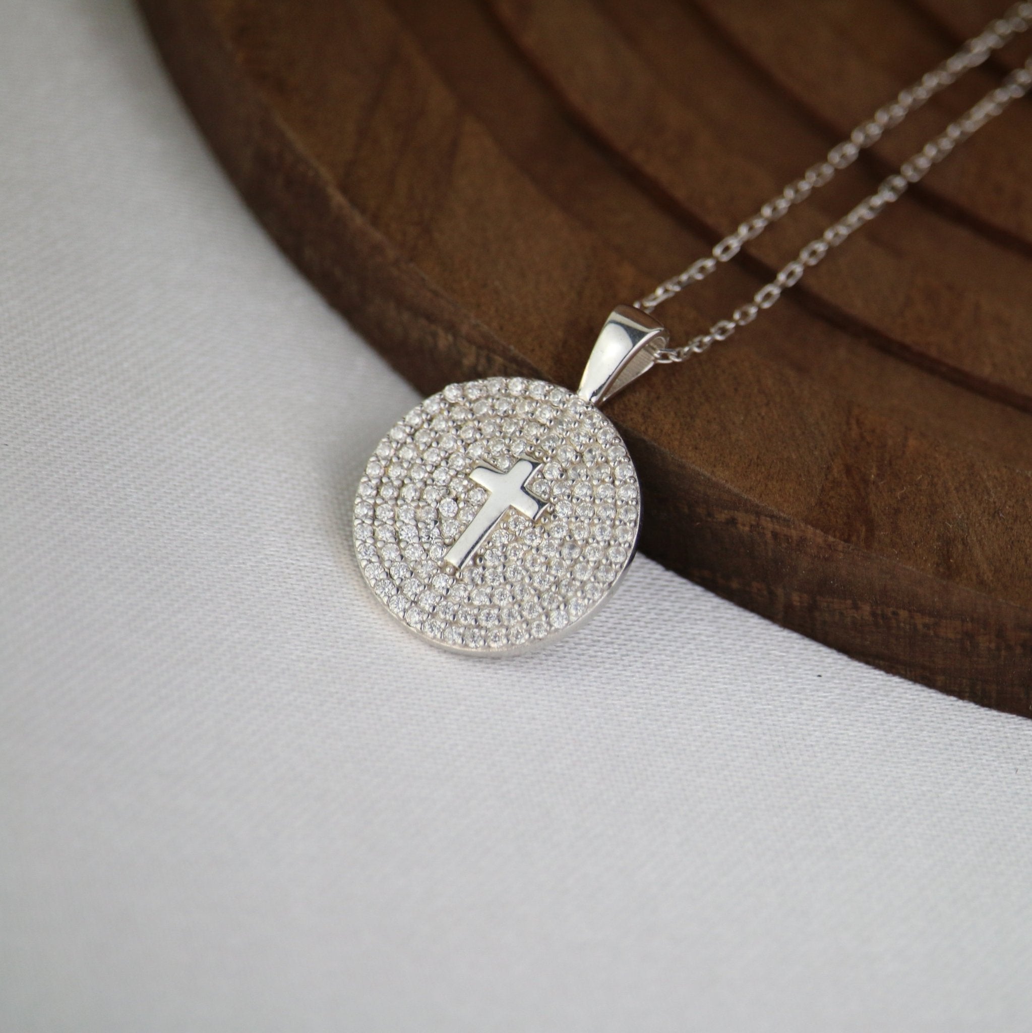 Cross on Rhinestone Coin Necklace - Sterling Silver - Taras Lesya
