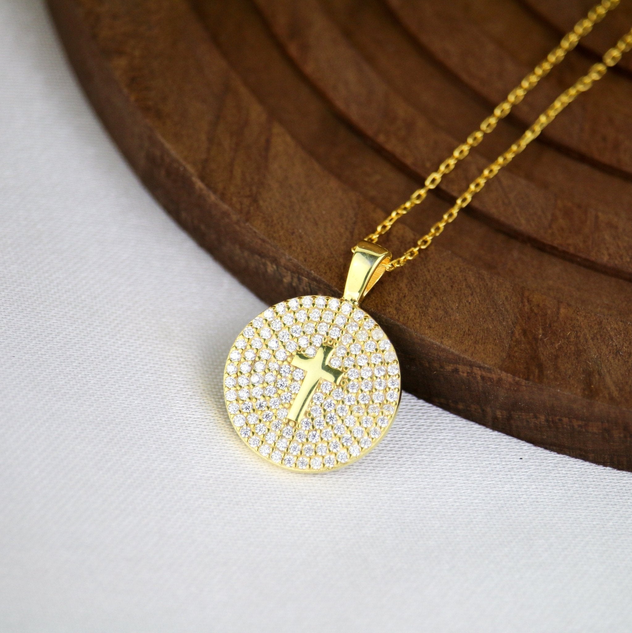 Cross on Rhinestone Coin Necklace - Sterling Silver - Taras Lesya