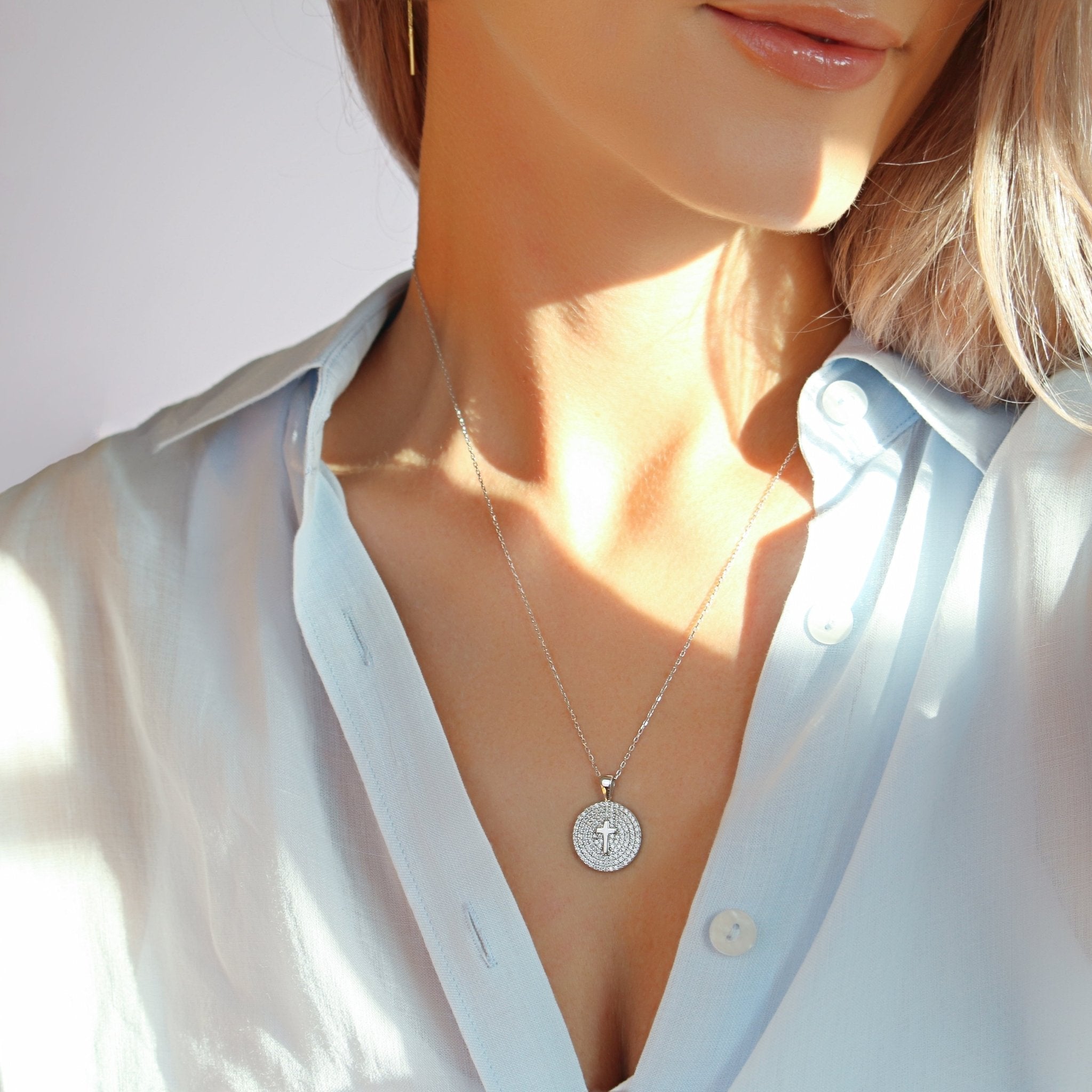 Cross on Rhinestone Coin Necklace - Sterling Silver - Taras Lesya