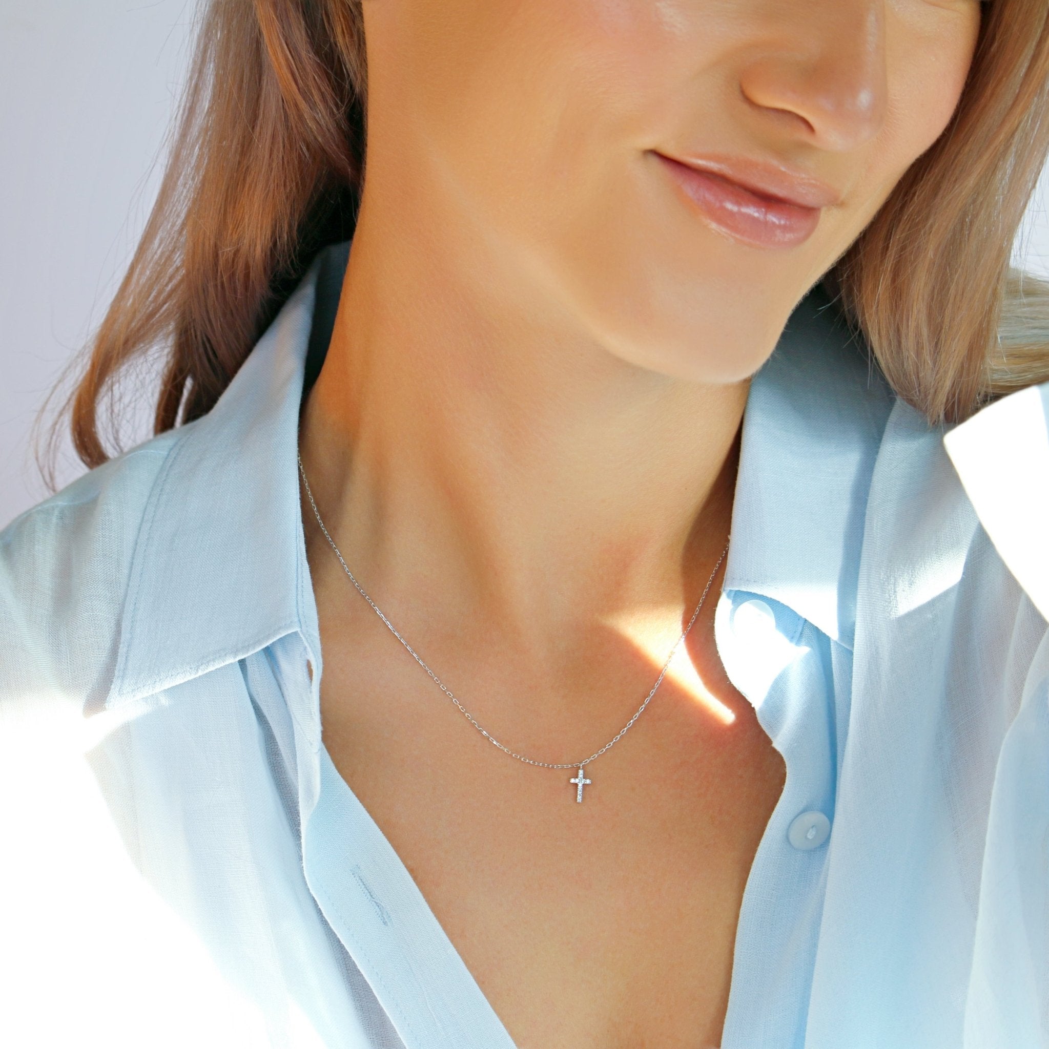 Rhinestone Cross Necklace - Sterling Silver - Taras Lesya
