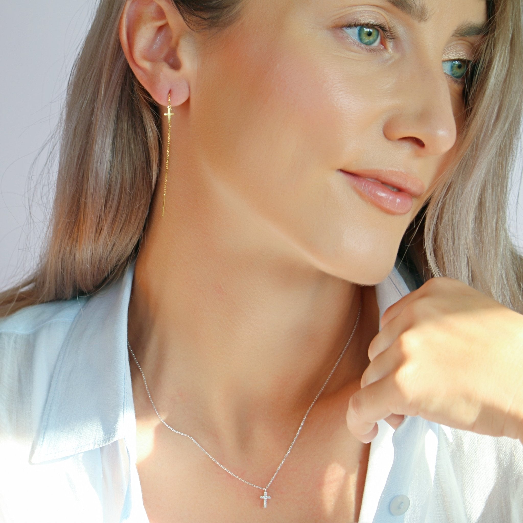 Rhinestone Cross Necklace - Sterling Silver - Taras Lesya
