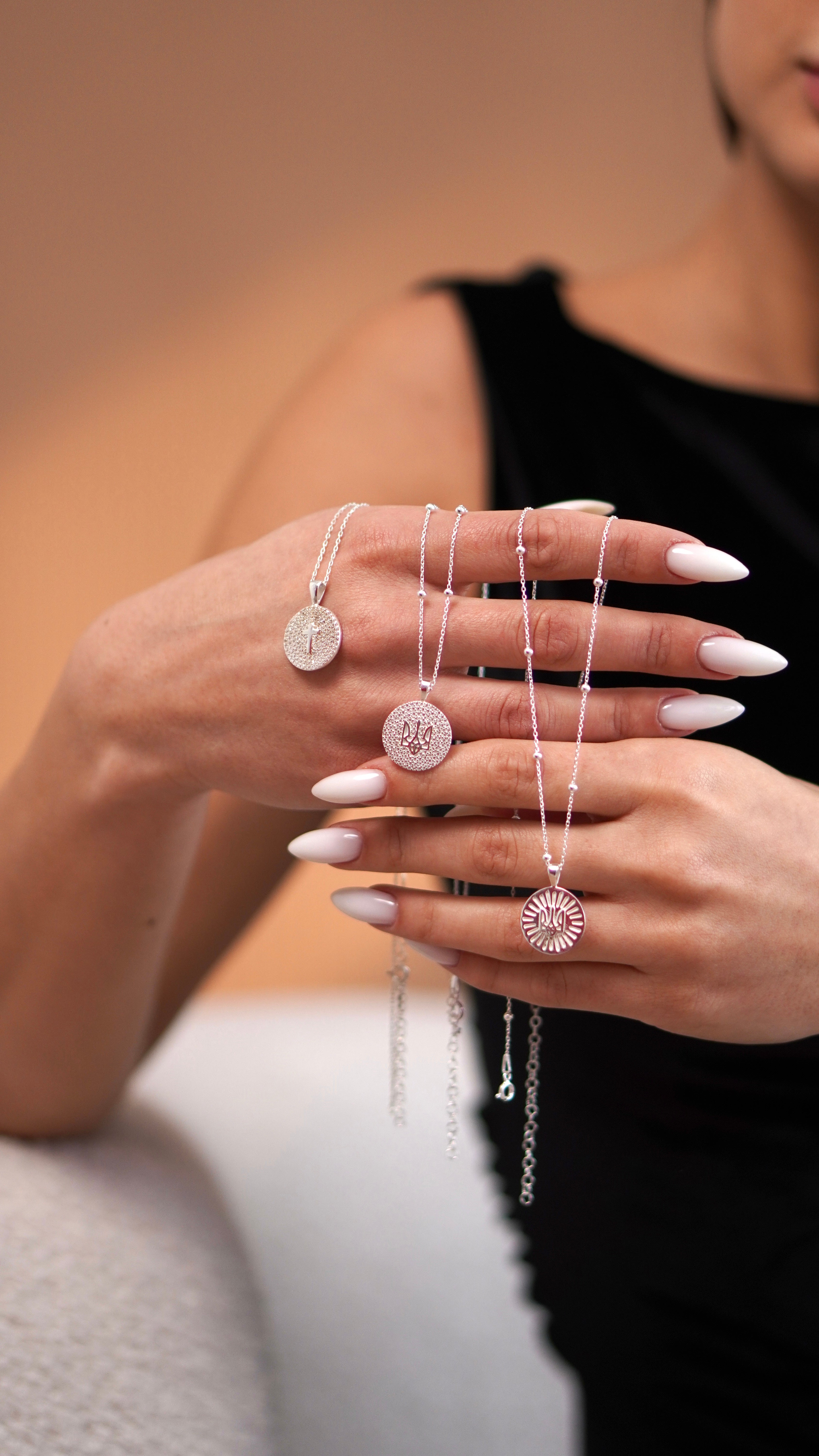 Cross on Rhinestone Coin Necklace - Sterling Silver