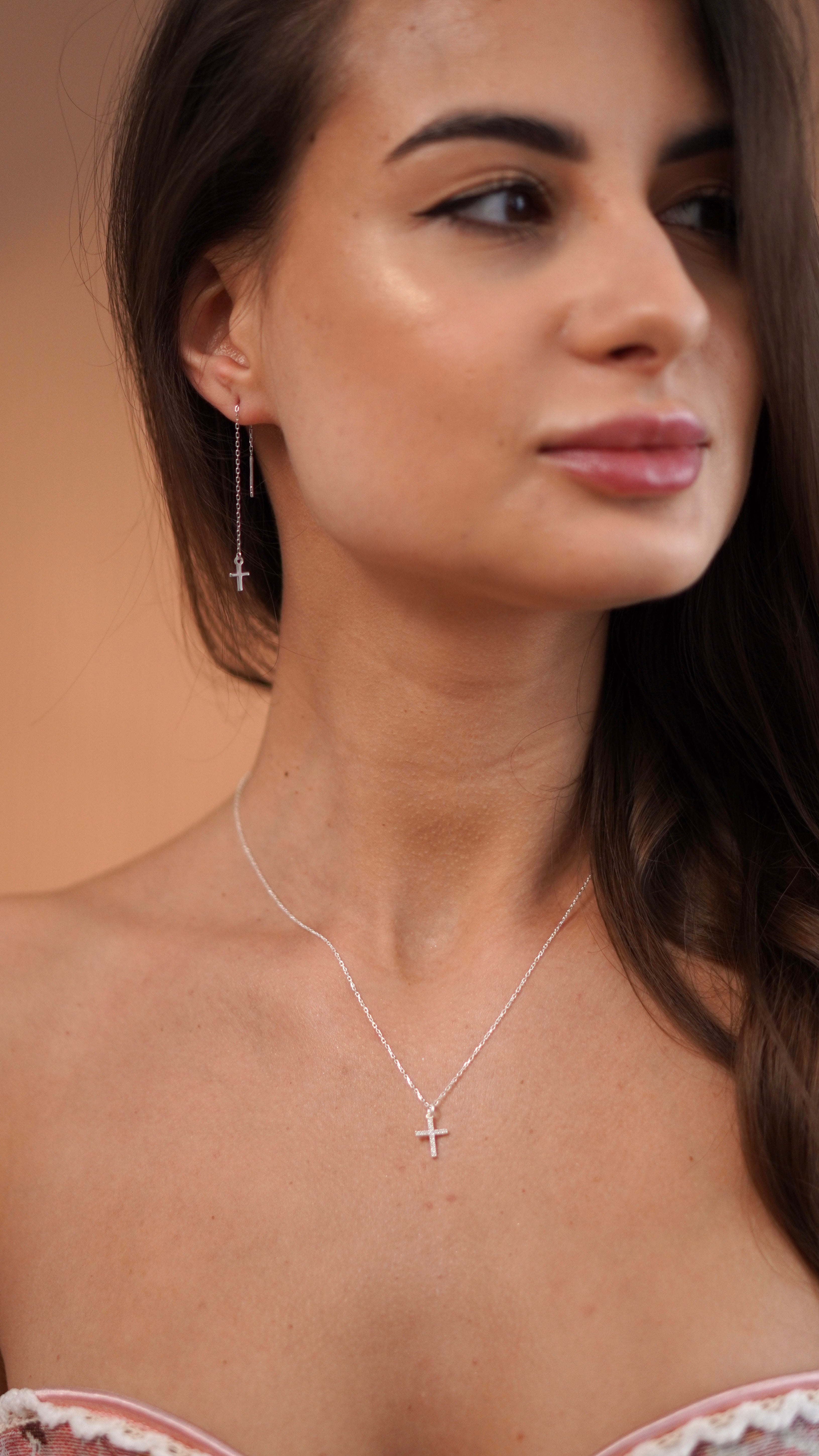 Rhinestone Cross Necklace - Sterling Silver