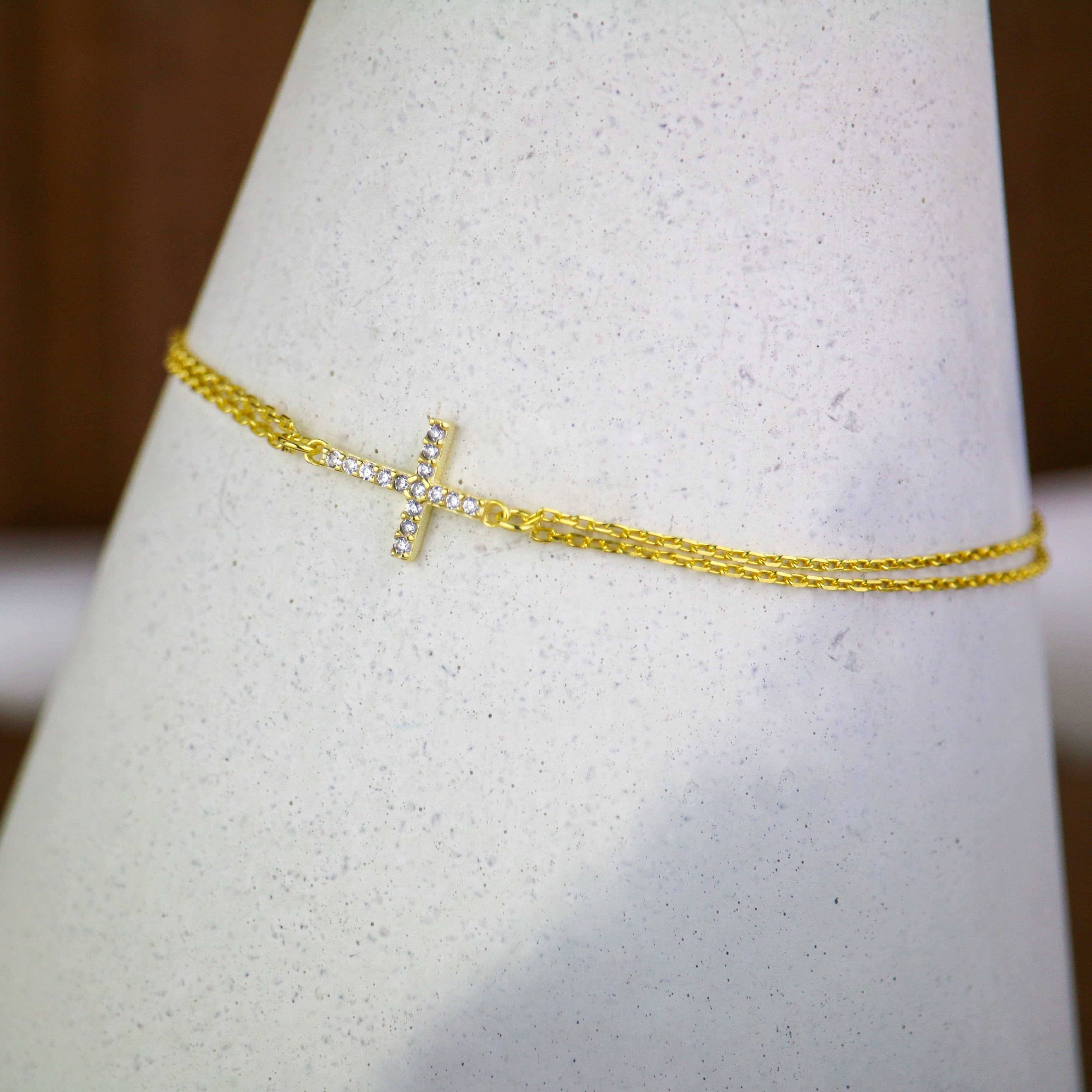 Rhinestone Cross Double Strand Bracelet