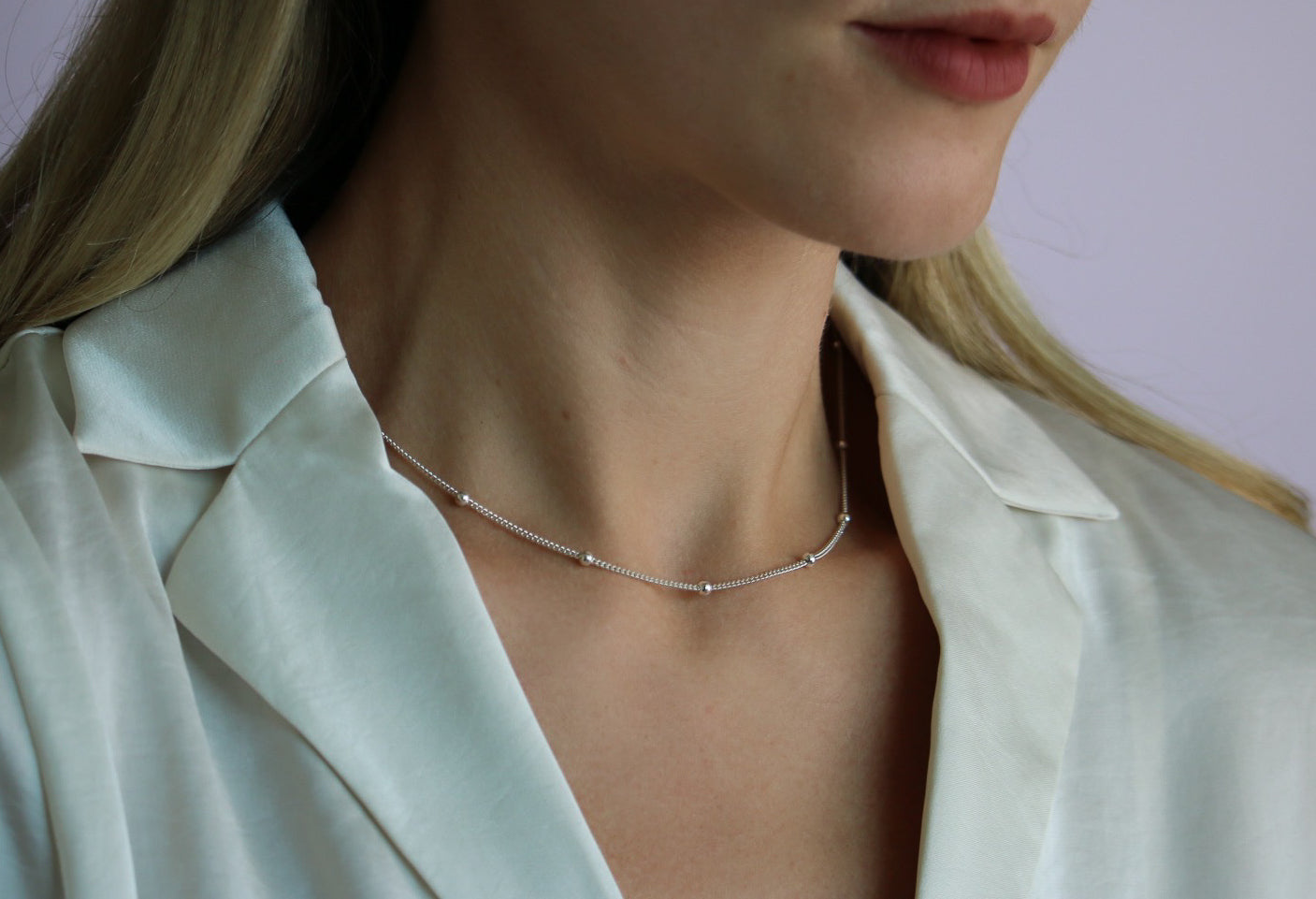 14K White Gold Bead Station Necklace