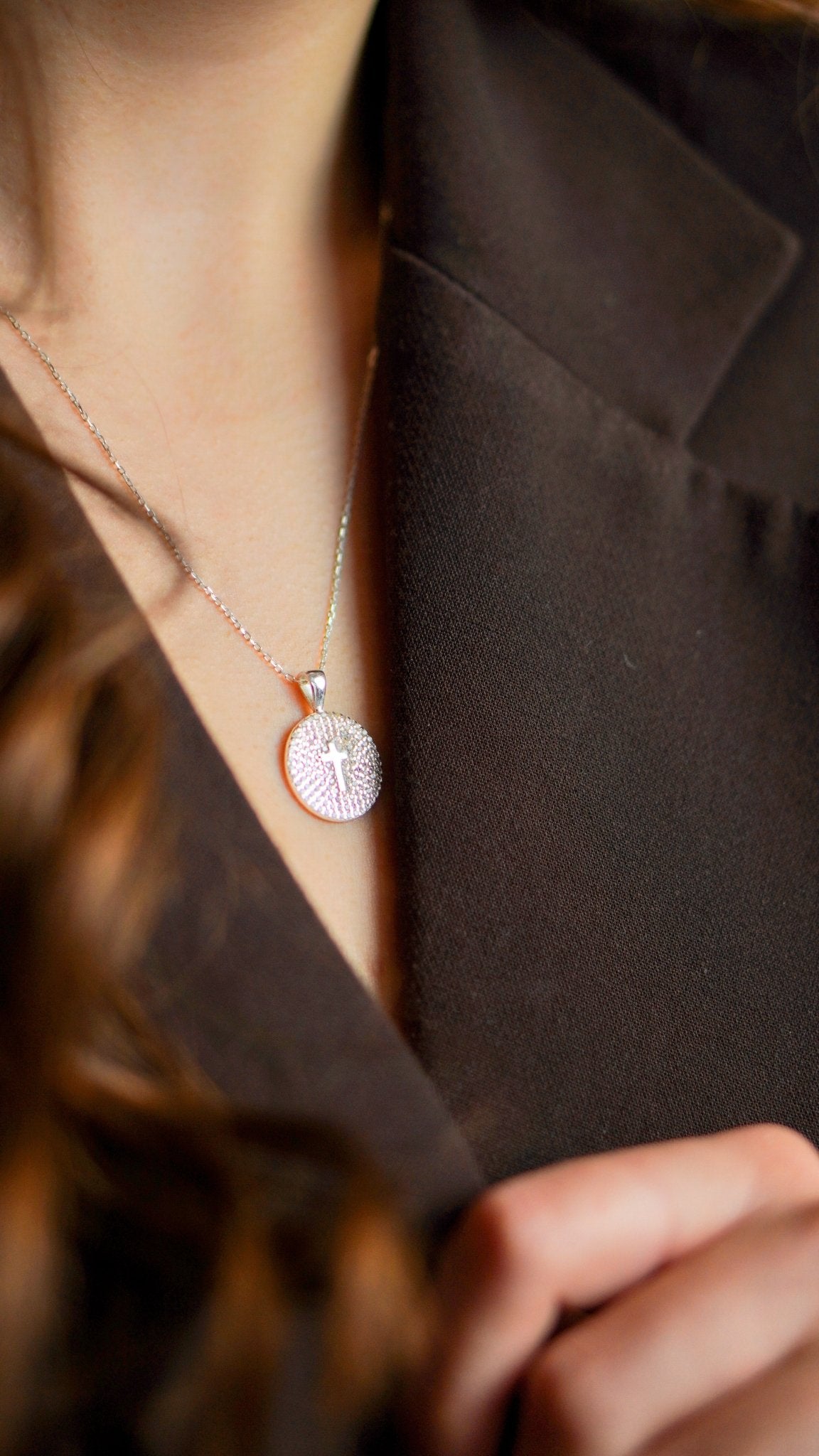 Cross on Rhinestone Coin Necklace - Sterling Silver - Taras Lesya