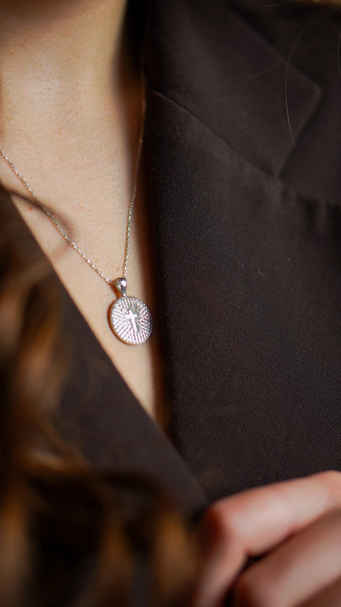 Cross on Rhinestone Coin Necklace - Sterling Silver - Taras Lesya