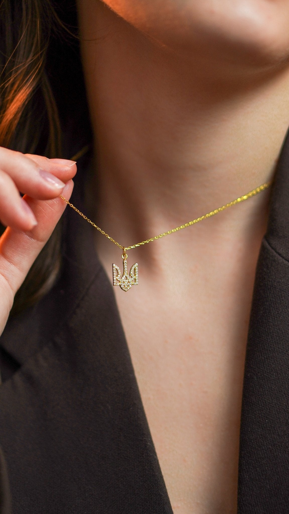 Rhinestone Trident Necklace - Sterling Silver - Taras Lesya