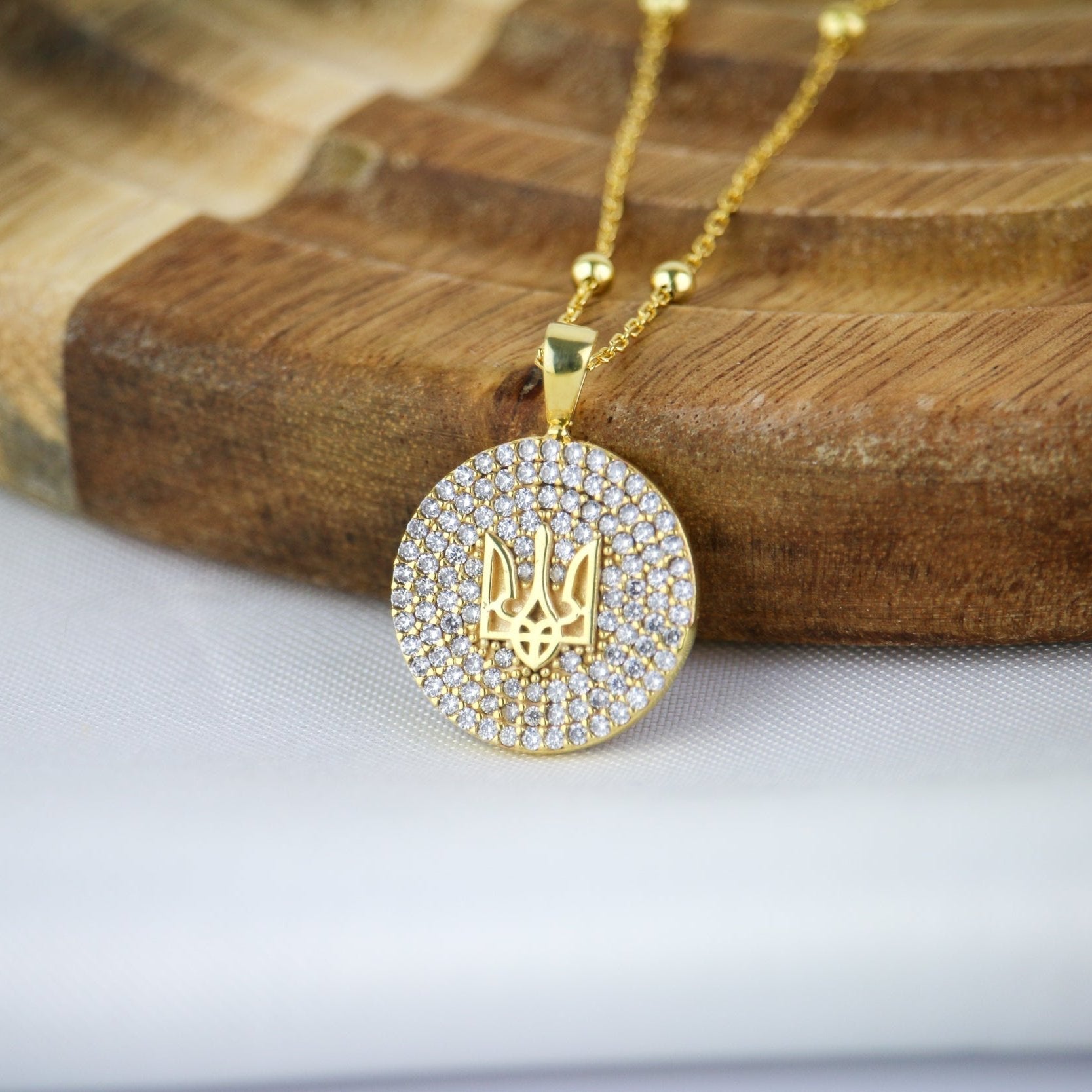 Trident on Rhinestone Coin Necklace - Sterling Silver - Taras Lesya