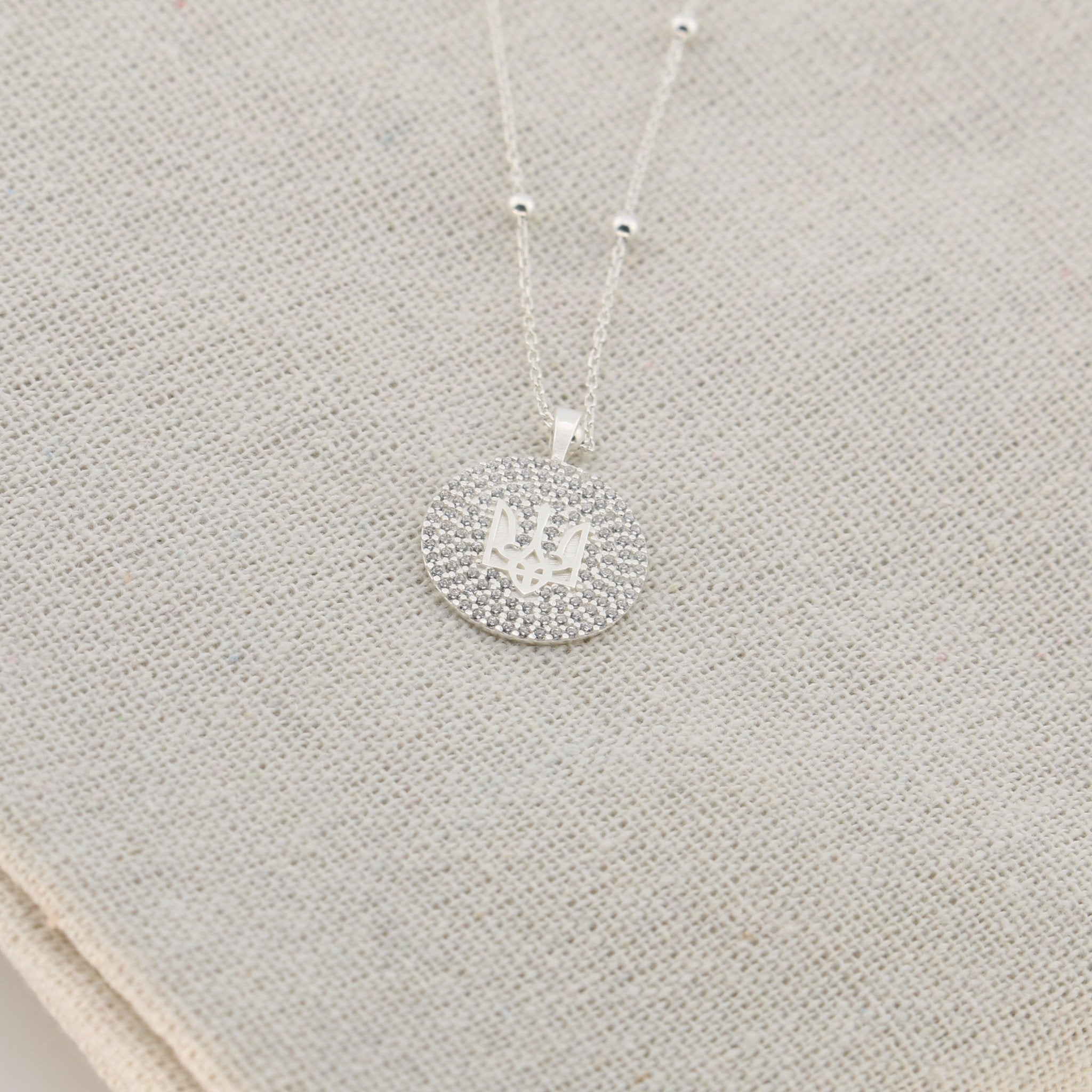 Trident on Rhinestone Coin Necklace - Sterling Silver - Taras Lesya